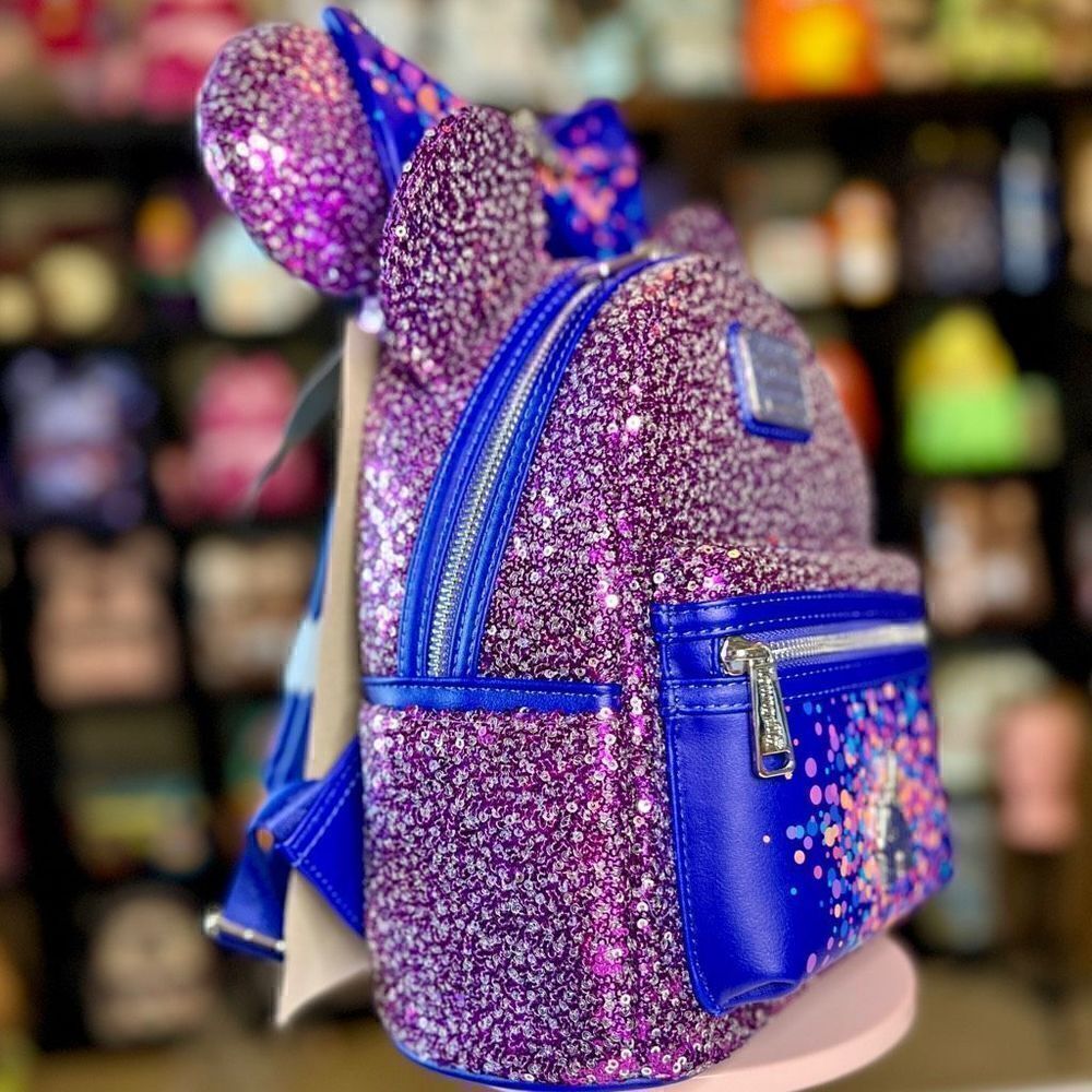 Purple & Silver Disney Parks Sequin Loungefly Mini Backpack & Ears NWT - Picture 2 of 13